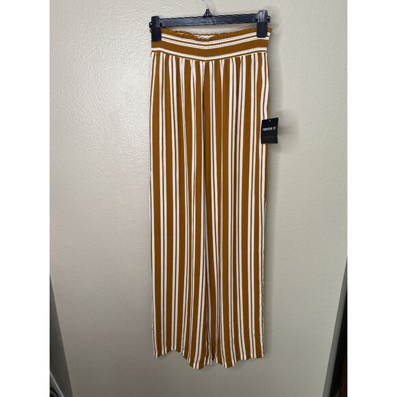 NWT Forever 21 Brown Pants small striped‎ wide leg pull on elastic polyester - Picture 1 of 7